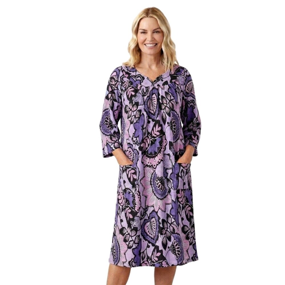 Amerimark VTG Sweetheart Purple Floral Fleece Lined Lounger Gown Women's Size 3X